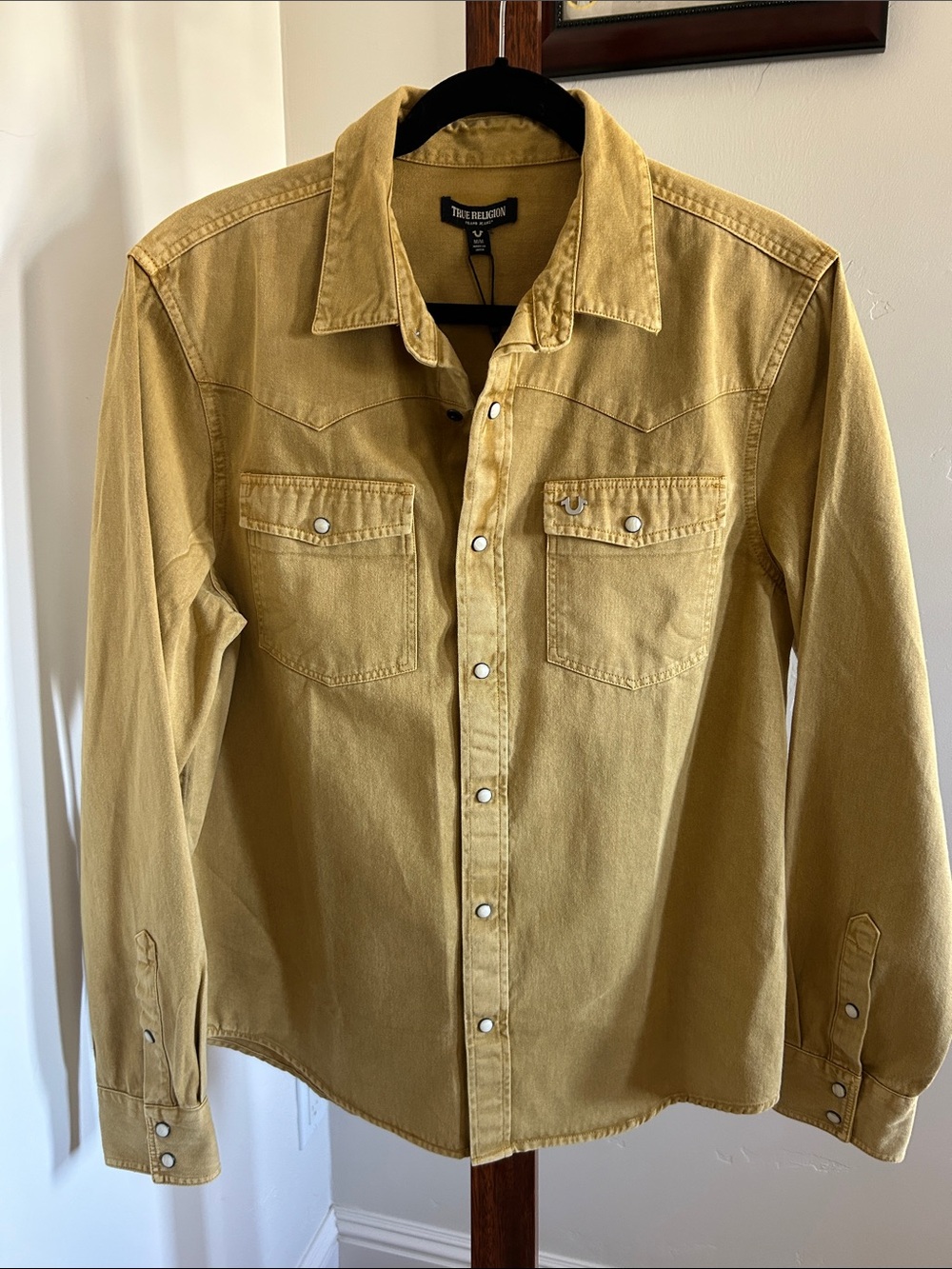 NWT True Religion Overdyed Pearl Snap Western Shirt Antelope Yellow Mens Size M